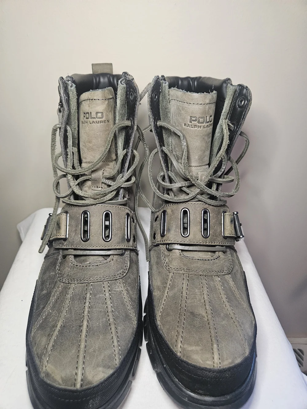 Polo by Ralph Lauren Men's Olive Gray Suede Lace-Up Strap Boots